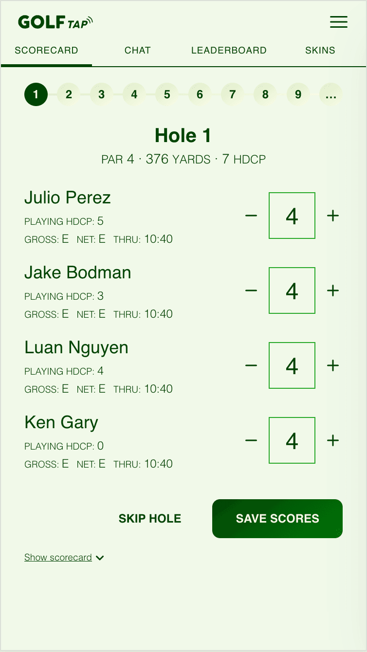 GolfTap score entry screen
